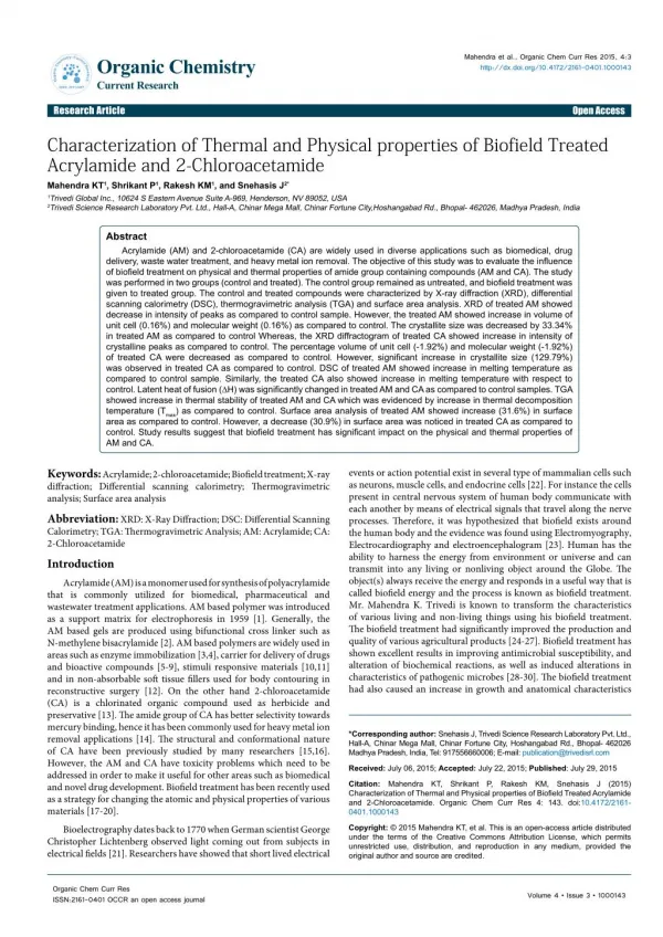 Biofield Treatment Impact on Acrylamide and 2-Chloroacetamide