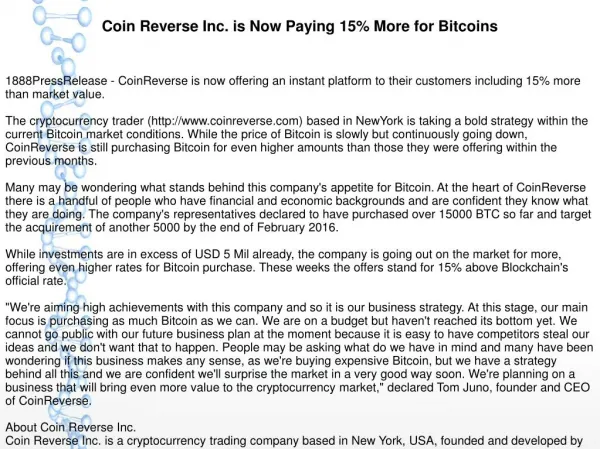 Coin Reverse Inc. is Now Paying 15% More for Bitcoins