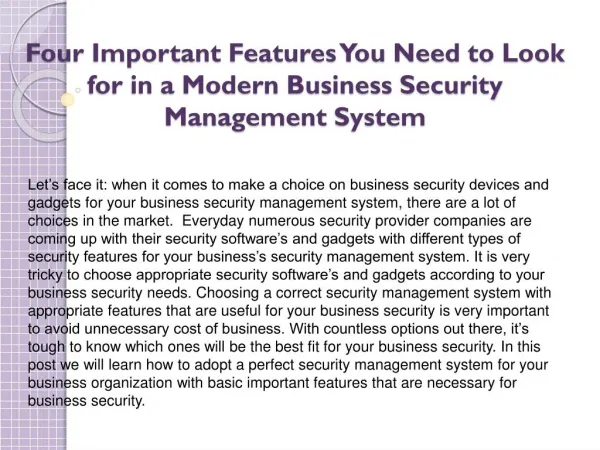 Four Important Features You Need to Look for in a Modern Business Security Management System