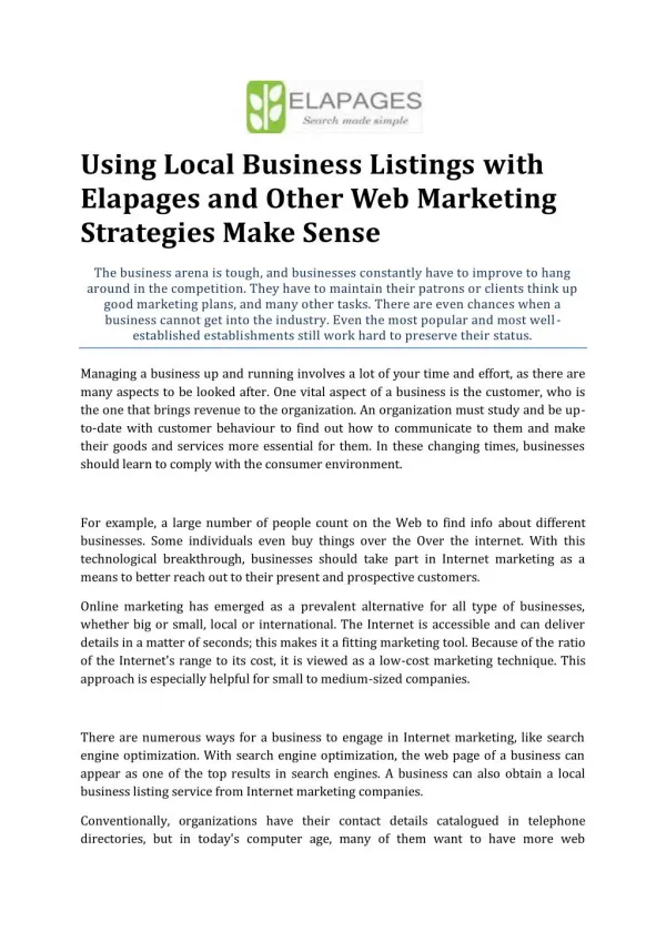 Local Business Listings with Elapages and Other Web Marketing Strategies
