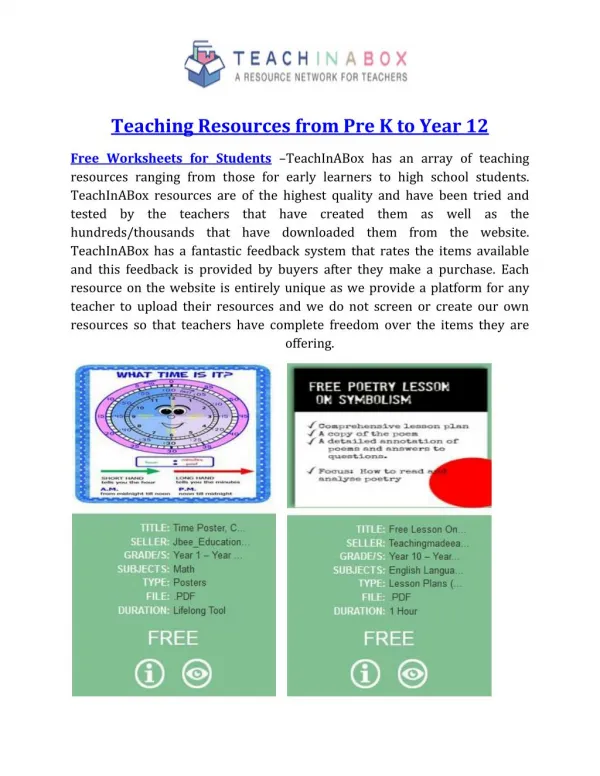 Teaching Resources from Pre K to Year 12