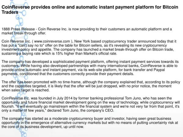 CoinReverse provides online and automatic instant payment platform for Bitcoin Traders