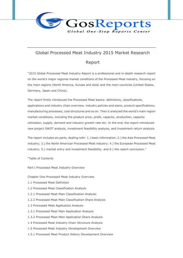 Global Processed Meat Industry 2015 Market Research Report