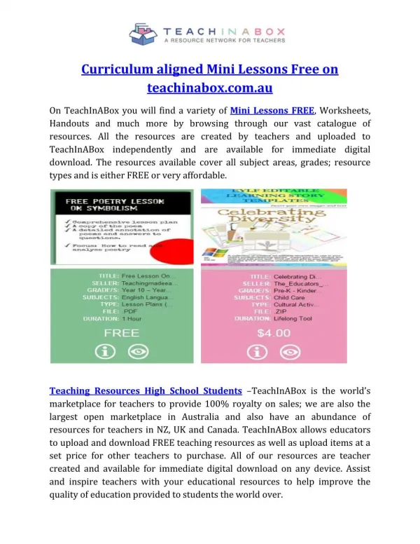 Curriculum aligned Mini Lessons Free on teachinabox.com.au