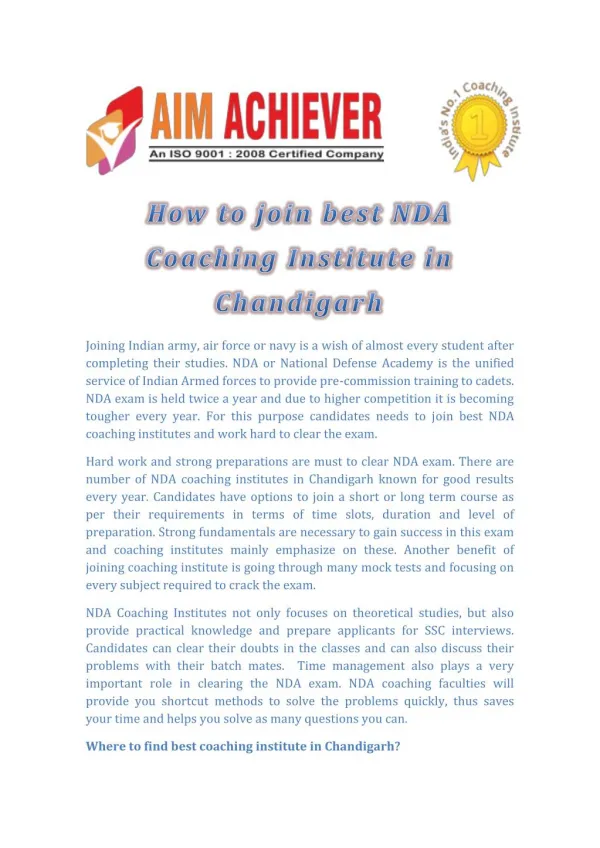 Nda Coaching Institute in Chandigarh