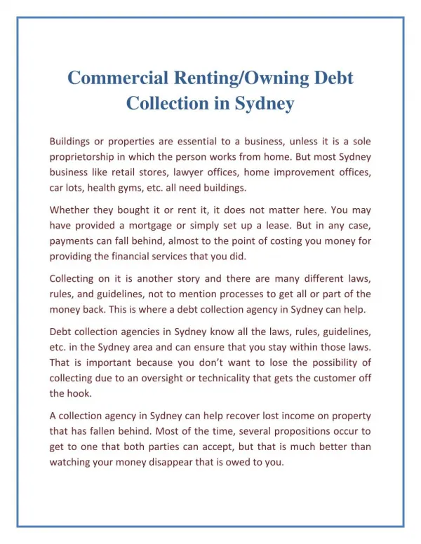 Commercial Renting/Owning Debt Collection in Sydney