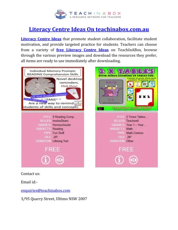 Literacy Centre Ideas On teachinabox.com.au