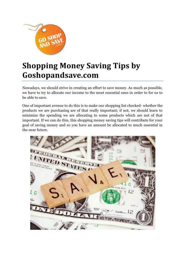 Shopping Money Saving Tips by Goshopandsave.com