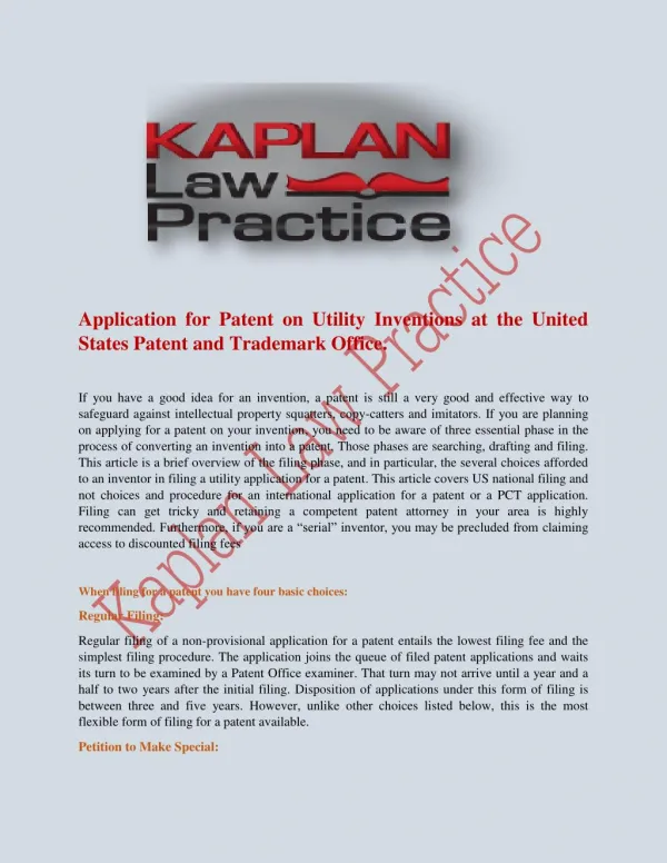 Application for Patent on Utility Inventions at the United States Patent and Trademark Office