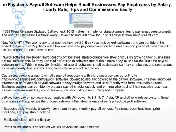 ezPaycheck Payroll Software Helps Small Businesses Pay Employees by Salary, Hourly Rate, Tips and Commissions Easily