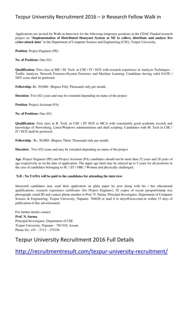 Tezpur University Recruitment 2016 – Jr Research Fellow Walk In