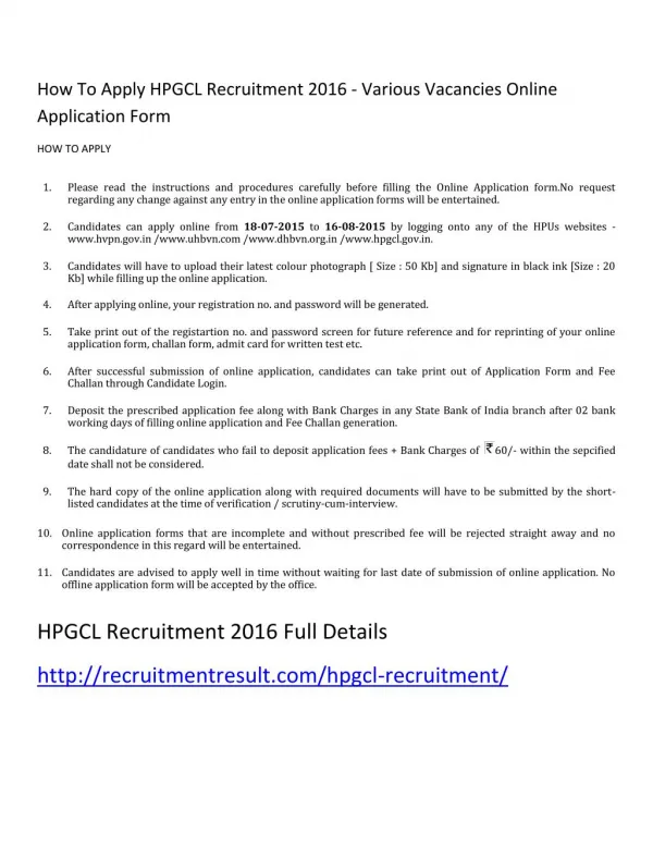How to Apply HPGCL Recruitment 2016 - Various Vacancies Online Application Form