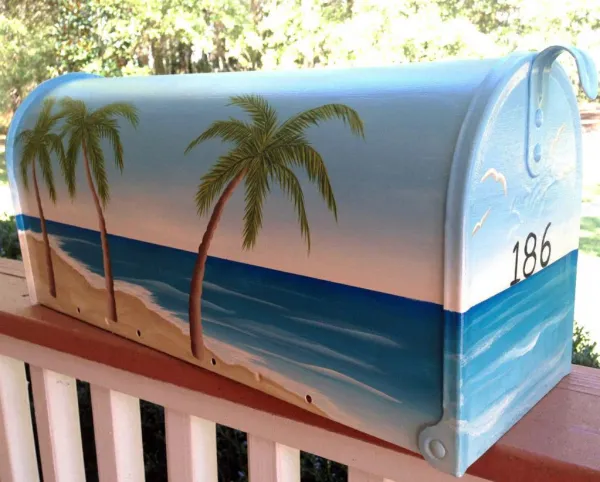 Hand Painted Mailbox, Nautical Tropical Beach Palms