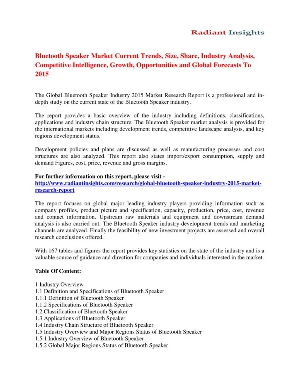 Bluetooth Speaker Market Size, Share, Analysis And Forecasts To 2015