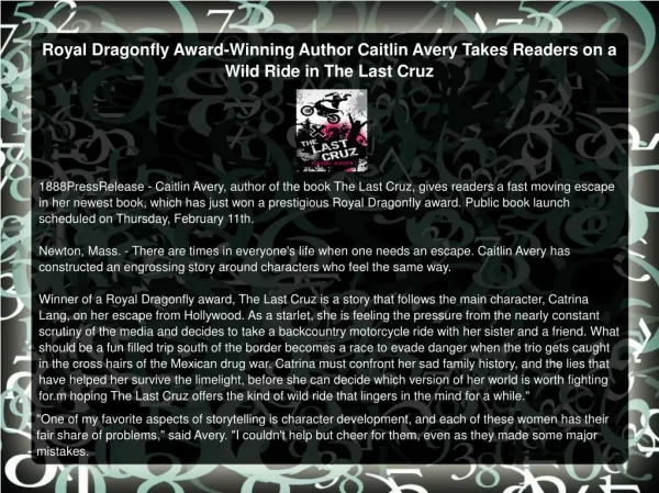 Royal Dragonfly Award-Winning Author Caitlin Avery Takes Readers on a Wild Ride in The Last Cruz
