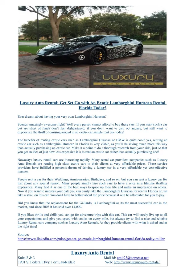 Luxury Auto Rental: Get Set Go with An Exotic Lamborghini Huracan Rental Florida Today!