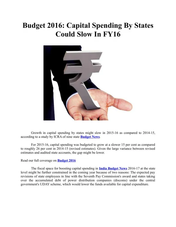 Budget 2016: Capital spending by states could slow in FY16