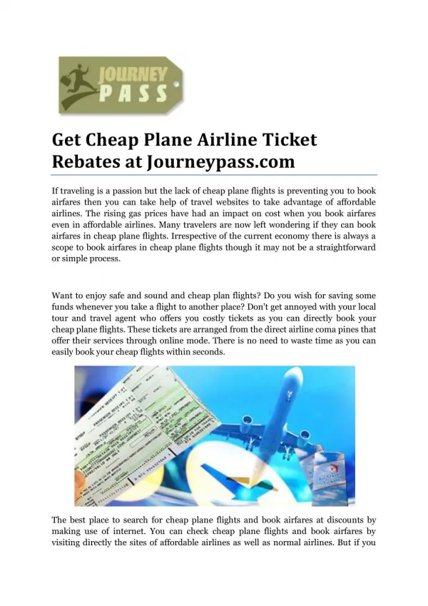 Get Cheap Plane Airline Ticket Rebates at Journeypass.com