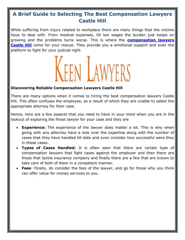 A Brief Guide to Selecting The Best Compensation Lawyers Castle Hills