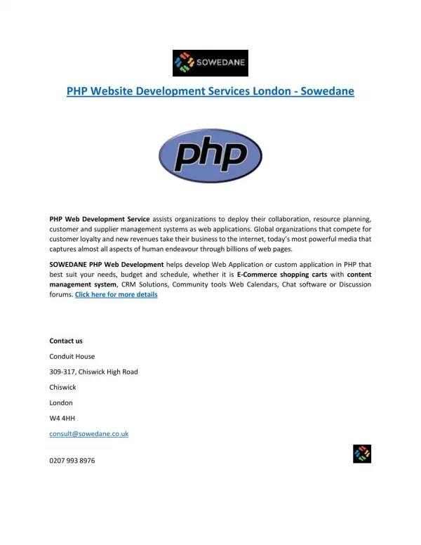 PHP Website Development Services London - Sowedane