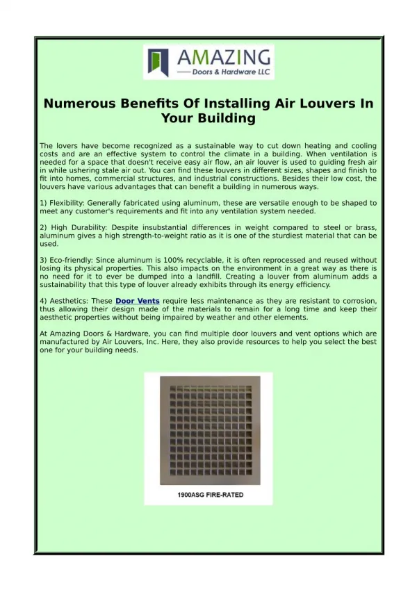 Numerous Benefits Of Installing Air Louvers In Your Building