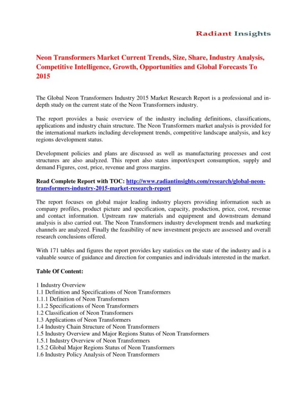 Neon Transformers Market Size, Share, Analysis And Forecasts To 2015