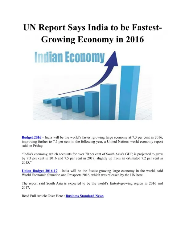 UN Report Says India to be Fastest-Growing Economy in 2016