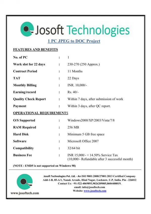 JOSOFT TECHNOLOGIES PVT LTD - Home Based Data Entry Work