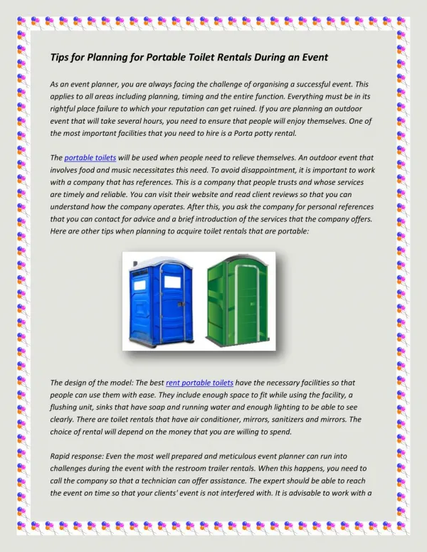 Tips for Planning for Portable Toilet Rentals During an Event