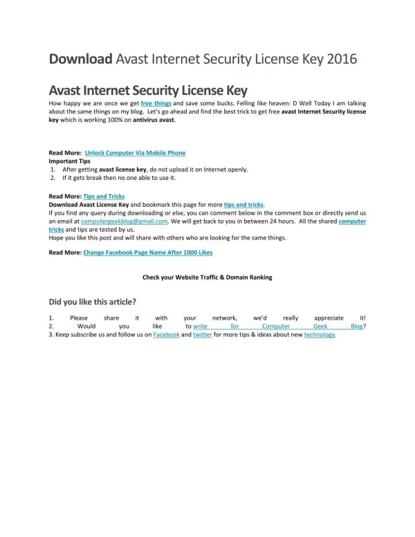 Download Avast Internet Security License Key 2016