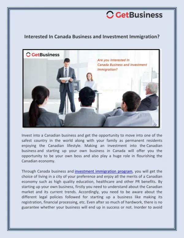 Interested In Canada Business and Investment Immigration