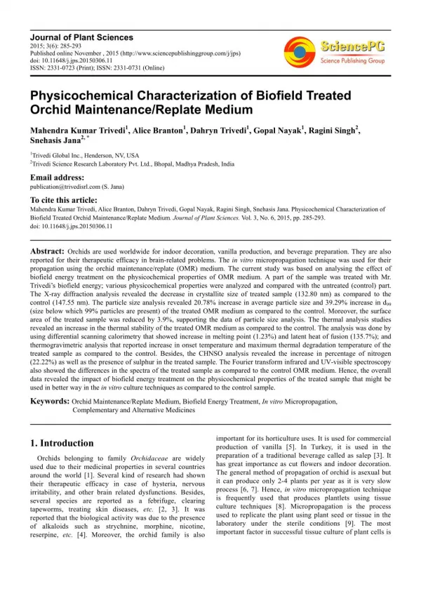 Physicochemical Characterization of Biofield Treated Orchid Maintenance/Replate Medium