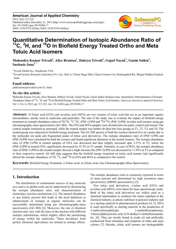 Biofield Treatment Impact on Ortho & Meta Toluic Acid