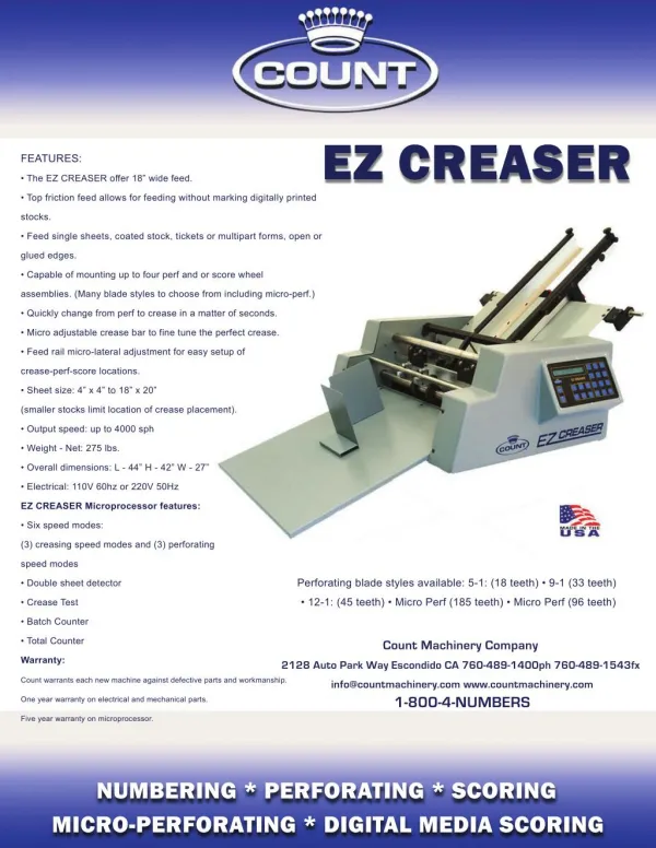 Count Machinery EZ Creaser in US$8,495.00 - Printfinish.com