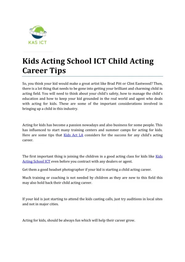 Kids Acting School ICT Child Acting Career Tips