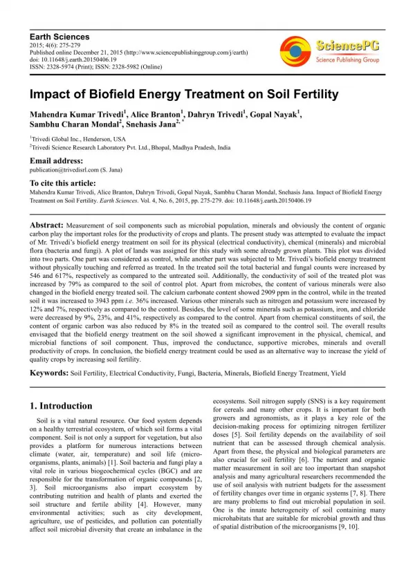 Biofield and its Effect on Soil Fertility
