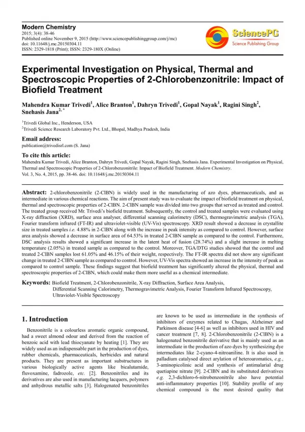 Experimental Investigation on Physical, Thermal and Spectroscopic Properties of 2-Chlorobenzonitrile: Impact of Biofield