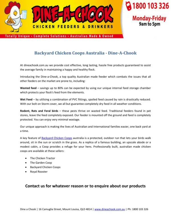 Backyard Chicken Coops Australia - Dine-A-Chook