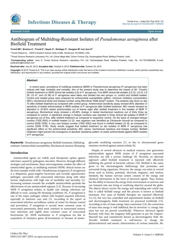 Isolates of Pseudomonas Aeruginosa after Biofield Treatment