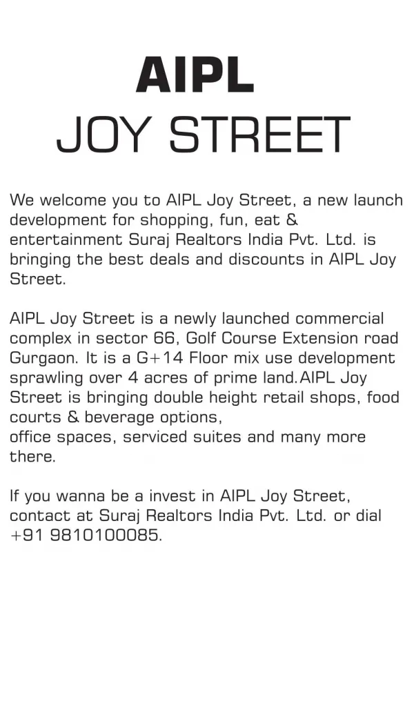 AIPL Joy Street, sector 66 Gurgaon : new commercial launch
