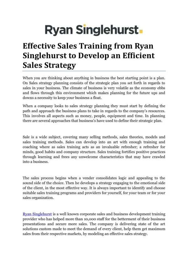 Effective Sales Training from Ryan Singlehurst for Sales Strategy