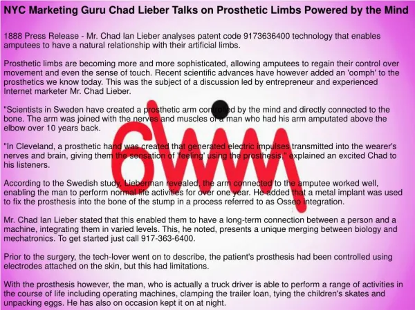 NYC Marketing Guru Chad Lieber Talks on Prosthetic Limbs Powered by the Mind