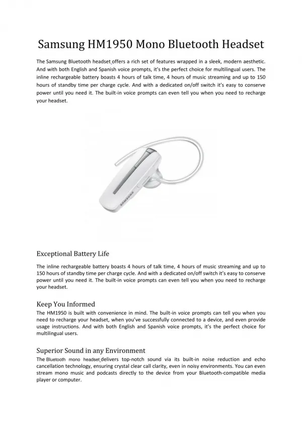 Samsung HM1950 Mono Bluetooth Headset (White)