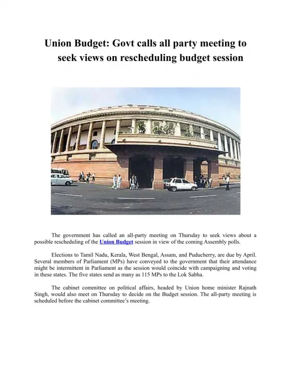 Union Budget: Govt calls all party meeting to seek views on rescheduling budget session