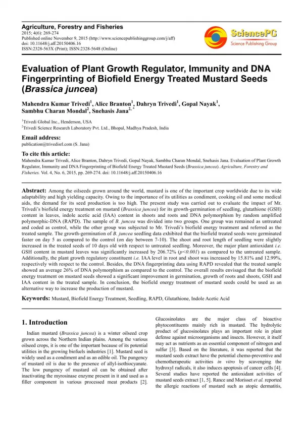 Evaluation of Plant Growth Regulator, Immunity and DNA Fingerprinting of Biofield Energy Treated Mustard Seeds (Brassica