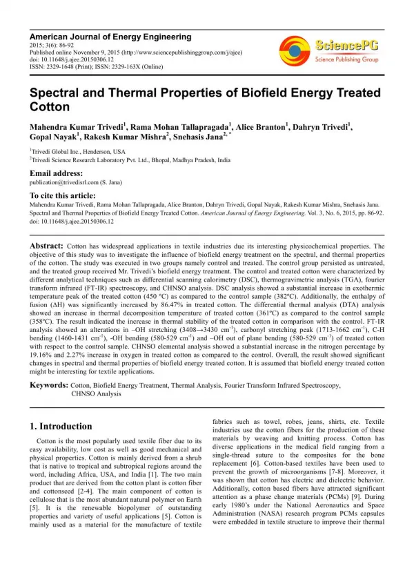 Spectral & Thermal Properties of Biofield Treated Cotton