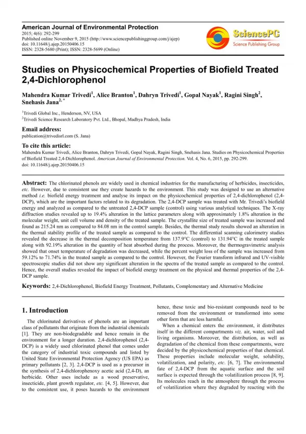 Physicochemical Properties of Biofield Treated 2,4-Dichlorophenol