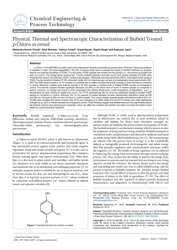 Physical, Thermal & Spectral Properties of p-Chloro-m-cresol