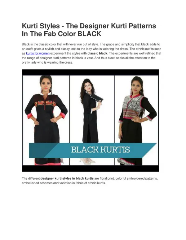 Kurti Styles - The Designer Kurti Patterns In The Fab Color BLACK