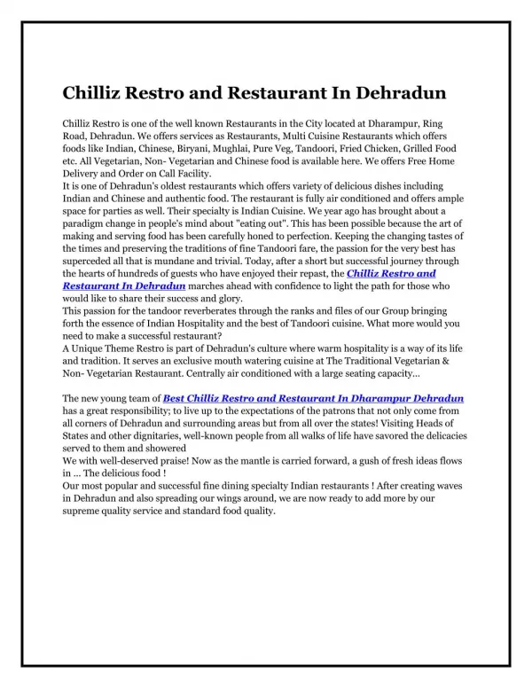 Chilliz Restro and Restaurant In Dehradun
